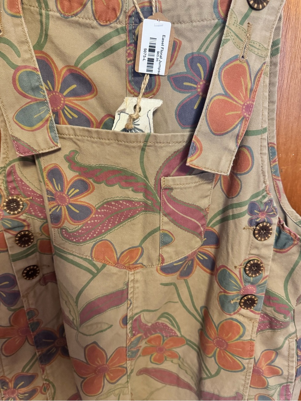 Floral Print Overall in Tan with Multicolor Flowers - Picture 7 of 9